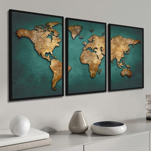 Kit 3 Quadros Decorativos Mapa Mundi para Sala com Moldura