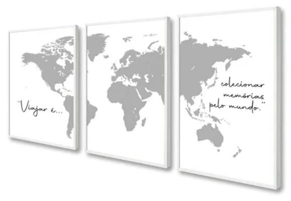 Kit 3 Quadros Decorativos Mapa Mundi Quarto Sala Com Moldura
