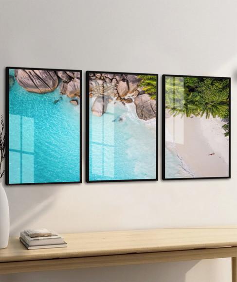 Kit 3 Quadros Decorativos Mar Azul Paisagem Moldura e Vidro