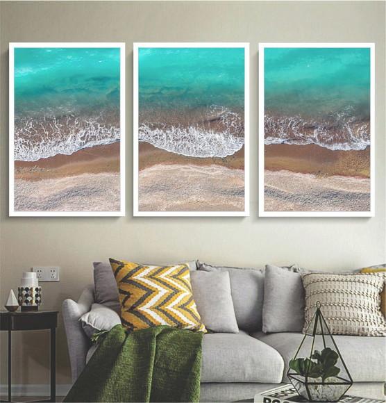 Kit 3 Quadros Decorativos Mar Azul Paisagem Moderno Moldura