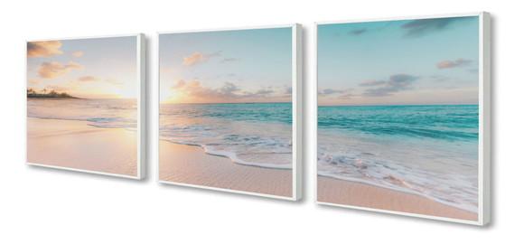 Kit 3 Quadros Decorativos Mar Azul Pôr do Sol com Moldura