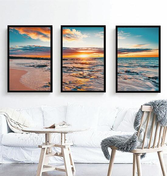 Kit 3 Quadros Decorativos Mar Azul Pôr Do Sol Praia Moldura