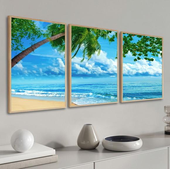 Kit 3 Quadros Decorativos Mar Azul Praia Coqueiro Moldura