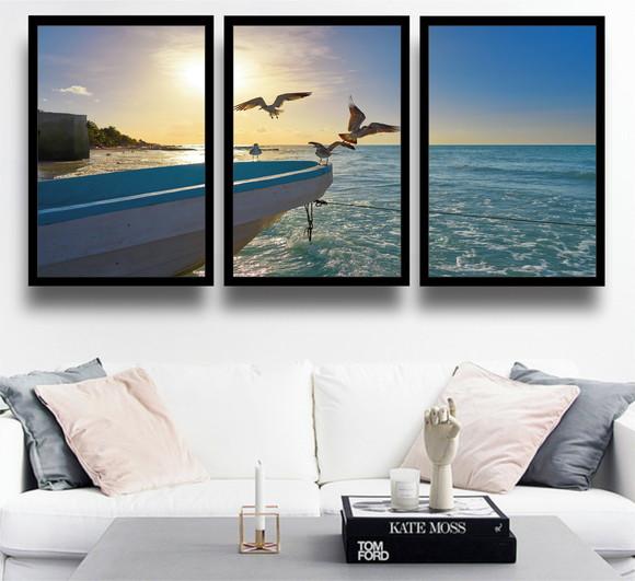 Kit 3 Quadros Decorativos Mar Gaivotas Barco Trio Molduras
