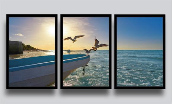 Kit 3 Quadros Decorativos Mar Gaivotas Barco Trio Molduras
