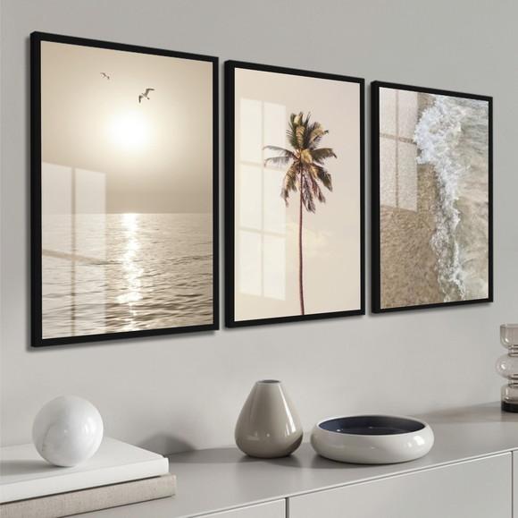 Kit 3 Quadros Decorativos Mar Coqueiro Boho Moldura e Vidro