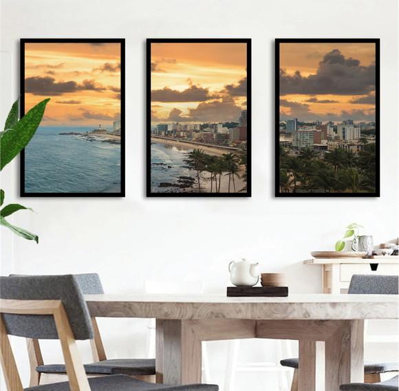 Kit 3 Quadros Decorativos Mar Paisagem Cidades Com Moldura