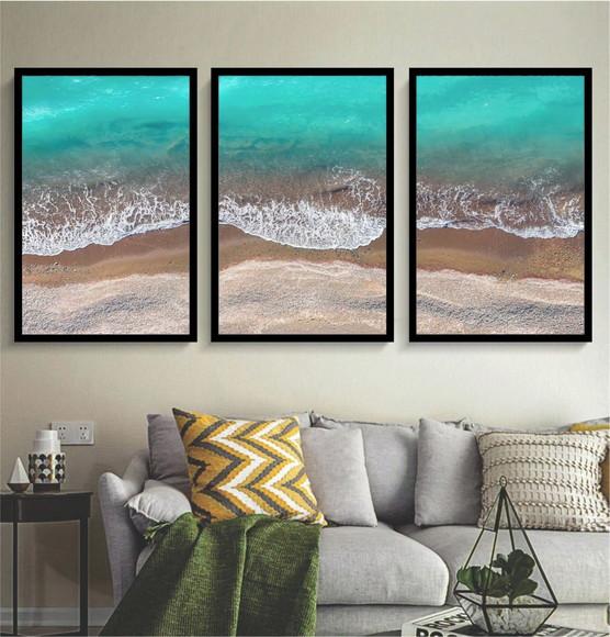 Kit 3 Quadros Decorativos Mar Paisagem Azul Onda Com Moldura