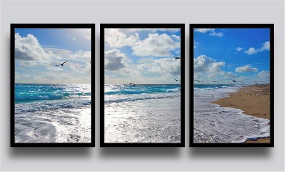 Kit 3 Quadros Decorativos Mar Pássaros Gaivotas Onda Moldura