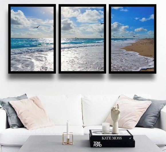 Kit 3 Quadros Decorativos Mar Pássaros Gaivotas Onda Moldura