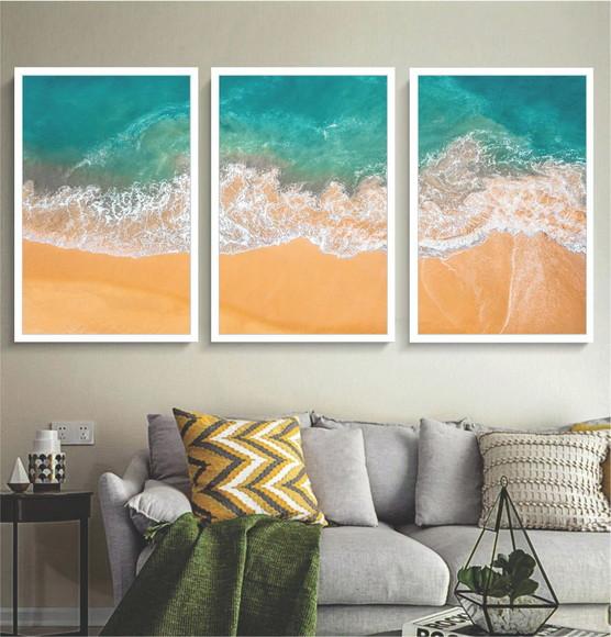 Kit 3 Quadros Decorativos Mar Paisagem Para Sala Com Moldura