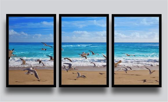 Kit 3 Quadros Decorativos Mar Pássaros Gaivotas Trio Moldura