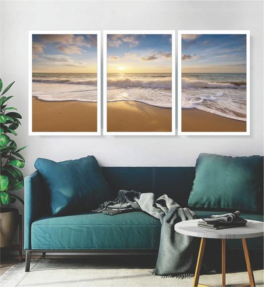 Kit 3 Quadros Decorativos Mar Por Do Sol Paisagem Moldura