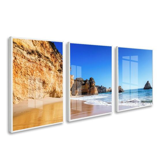 Kit 3 Quadros Decorativos Mar Praia Paisagem Moldura e Vidro