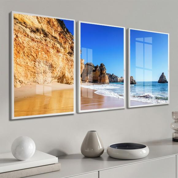 Kit 3 Quadros Decorativos Mar Praia Paisagem Moldura e Vidro