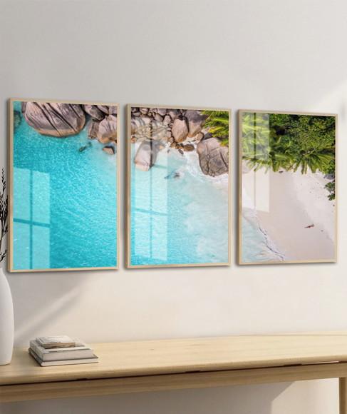 Kit 3 Quadros Decorativos Mar Praia Paisagem Moldura e Vidro
