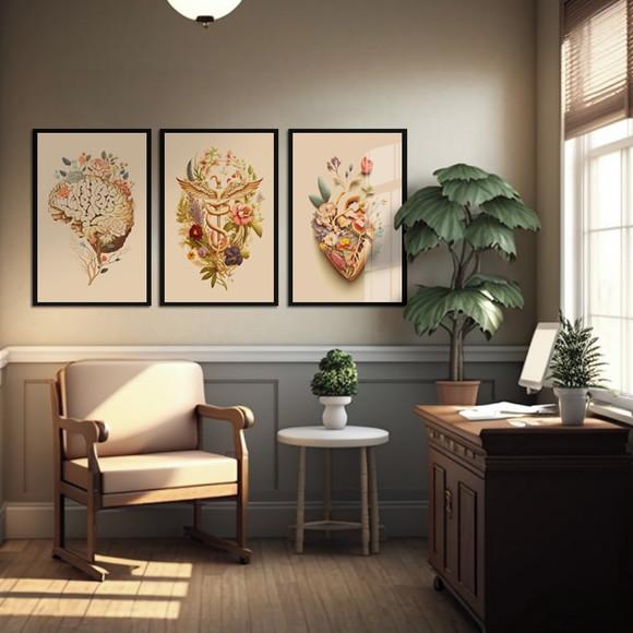 Kit 3 Quadros Decorativos Medicina Consultório Moldura Vidro