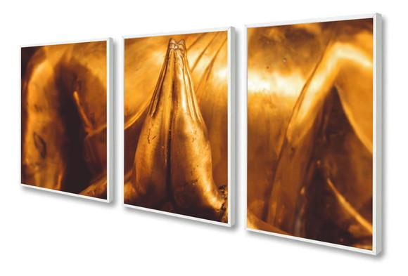 Kit 3 Quadros Decorativos Meditação Buda Dourado Com Moldura