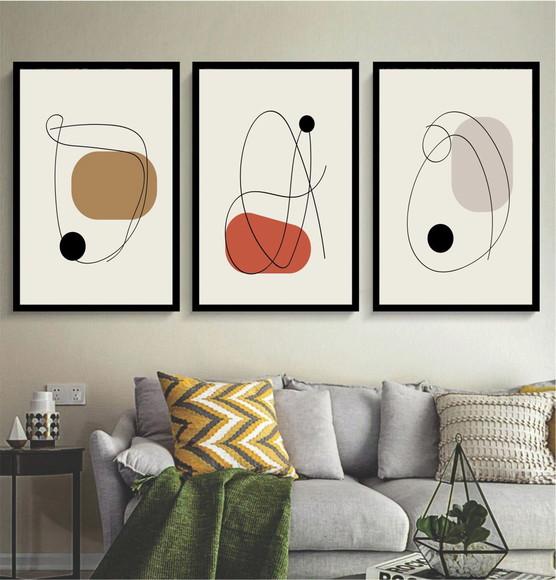 Kit 3 Quadros Decorativos Moderno Abstrato Sala Com Moldura