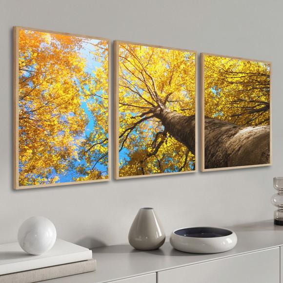 Kit 3 Quadros Decorativos Moderno Arvore Ipê Amarelo Moldura