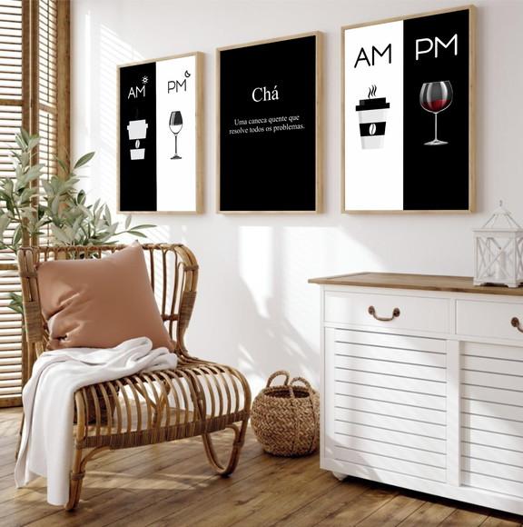 Kit 3 Quadros Decorativos Moderno Cozinha Vinho Café Vidro