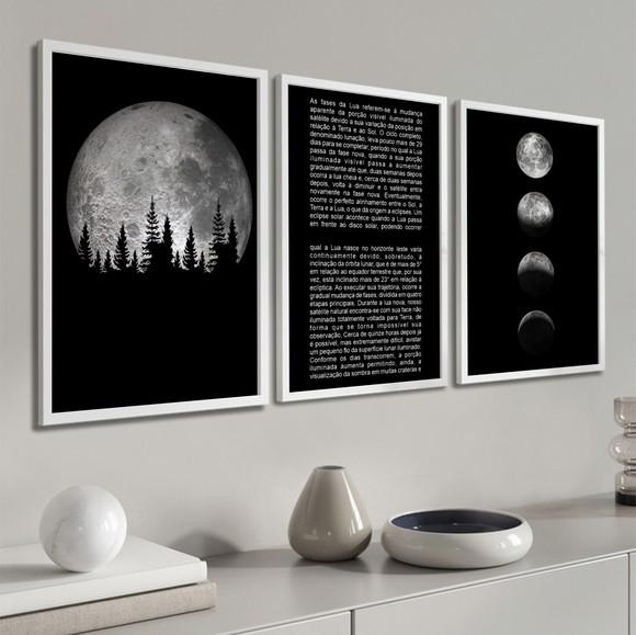 Kit 3 Quadros Decorativos Moderno Fases Da Lua Frase Moldura