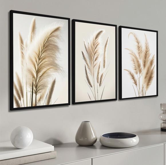 Kit 3 Quadros Decorativos Moderno Folhagem Boho Bege Moldura