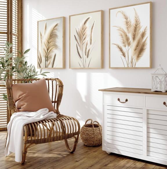 Kit 3 Quadros Decorativos Moderno Folhagem Bege Boho Moldura