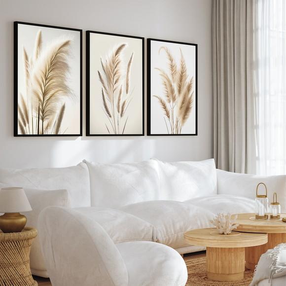 Kit 3 Quadros Decorativos Moderno Folhagem Boho Bege Moldura