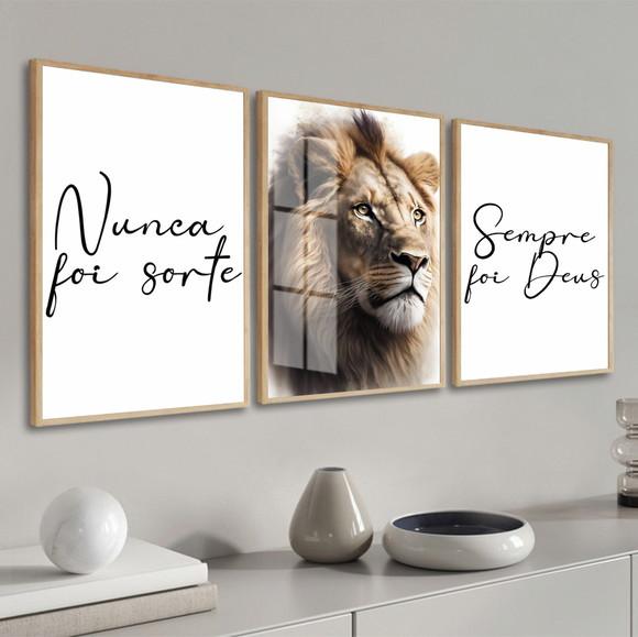 Kit 3 Quadros Decorativos Moderno Leão Frases Moldura Vidro