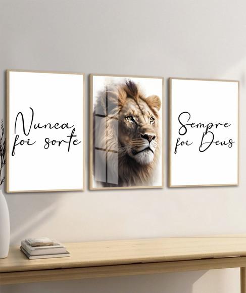 Kit 3 Quadros Decorativos Moderno Leão Frases Moldura Vidro