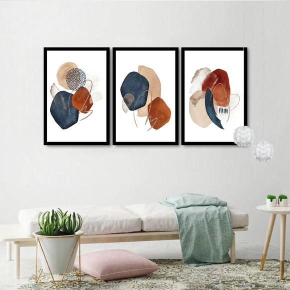 Kit 3 Quadros Decorativos Moderno Para Sala Abstrato Moldura