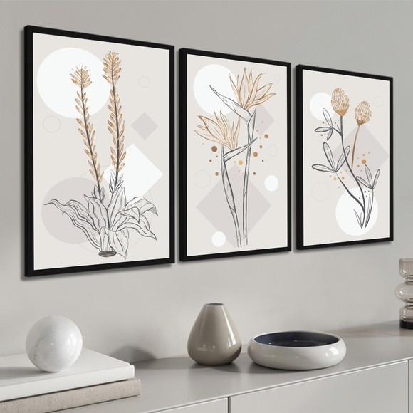Kit 3 Quadros Decorativos Modernos Abstrato Flores Moldura