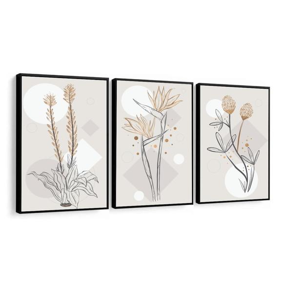 Kit 3 Quadros Decorativos Modernos Abstrato Flores Moldura