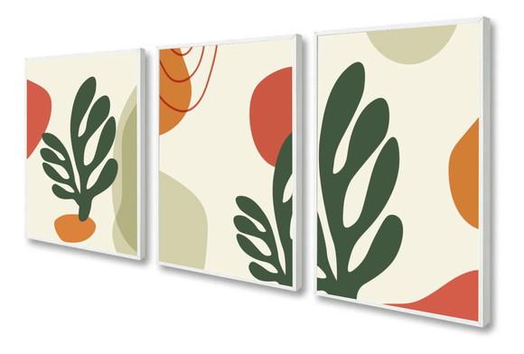 Kit 3 Quadros Decorativos Modernos Abstrato Folhagem Moldura