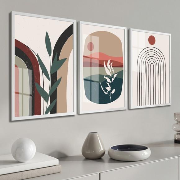 Kit 3 Quadros Decorativos Modernos Abstrato Folhas com Vidro