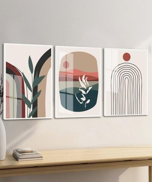 Kit 3 Quadros Decorativos Modernos Abstrato Folhas com Vidro