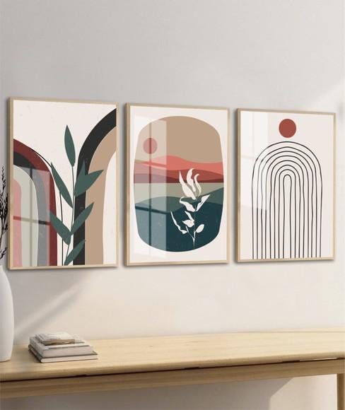 Kit 3 Quadros Decorativos Modernos Abstrato Folhas com Vidro
