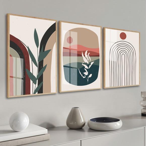 Kit 3 Quadros Decorativos Modernos Abstrato Folhas com Vidro
