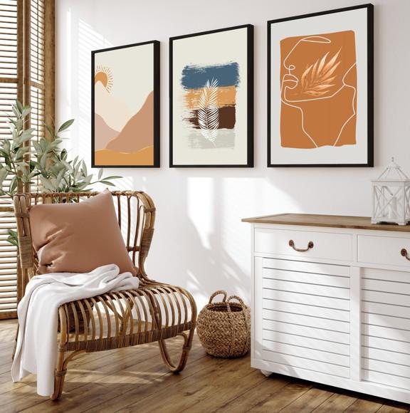 Kit 3 Quadros Decorativos Modernos Abstrato Sala com Moldura