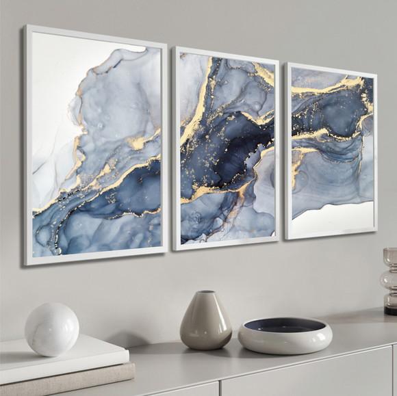 Kit 3 Quadros Decorativos Modernos Azul Dourado Com Moldura