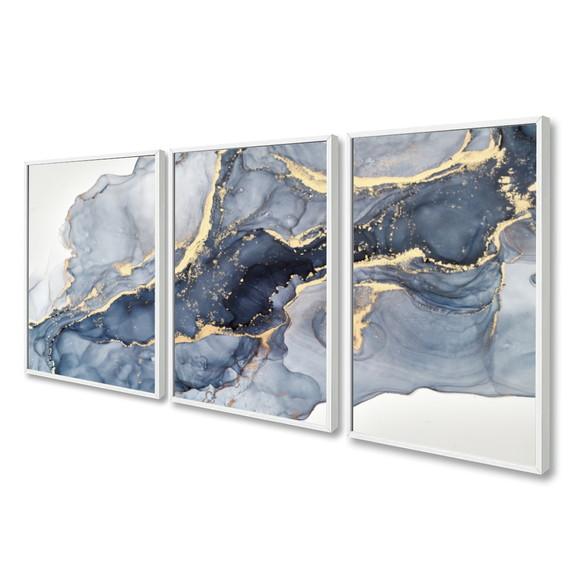 Kit 3 Quadros Decorativos Modernos Azul Dourado Com Moldura