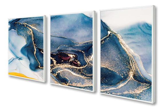 Kit 3 Quadros Decorativos Modernos Azul Dourado Com Moldura