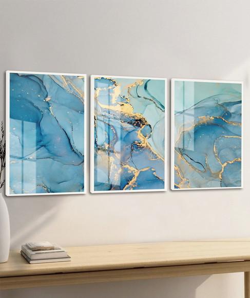Kit 3 Quadros Decorativos Modernos Azul Gold Moldura e Vidro