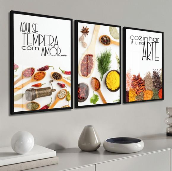Kit 3 Quadros Decorativos Modernos Cozinha Moldura e Vidro