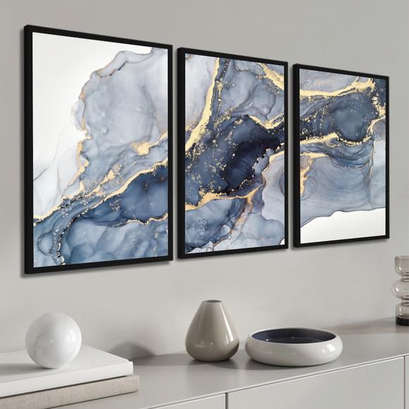 Kit 3 Quadros Decorativos Modernos Dourado Azul Com Moldura