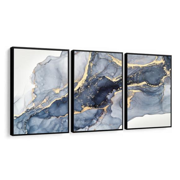 Kit 3 Quadros Decorativos Modernos Dourado Azul Com Moldura