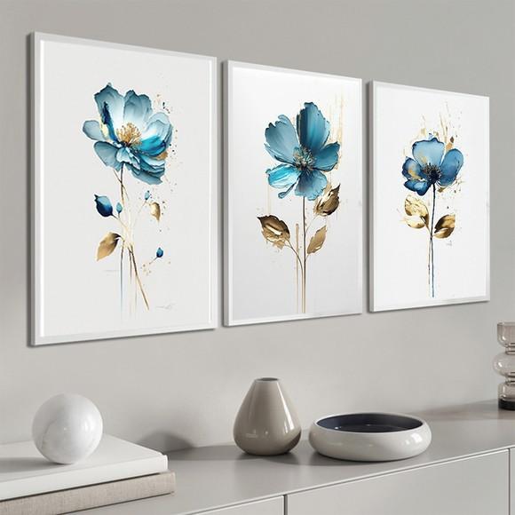 Kit 3 Quadros Decorativos Modernos Flor Azul com Moldura
