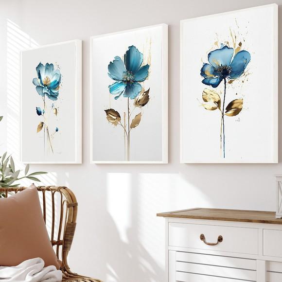 Kit 3 Quadros Decorativos Modernos Flor Azul com Moldura