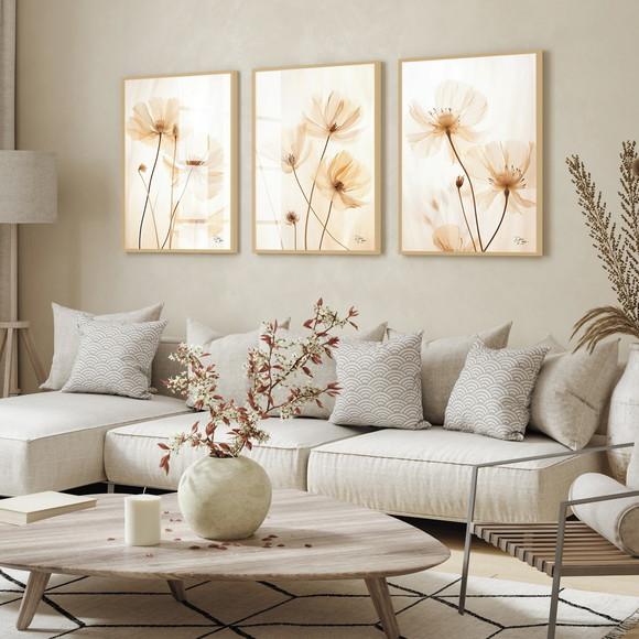 Kit 3 Quadros Decorativos Modernos Flor Hall Luxo com Vidro